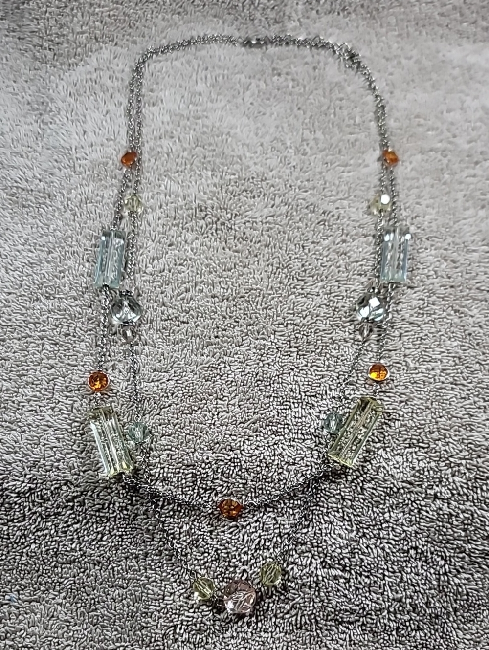 2 Strand Silver Necklace with Clear and Amber Faux Stones